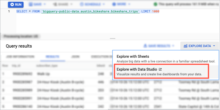 BigQuery Data Studio Explore