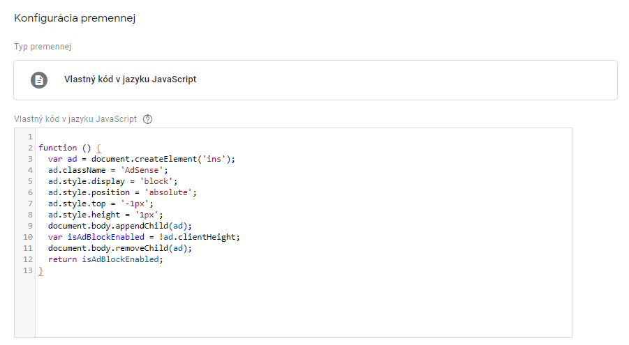 Ukážka konfigurácie premennej custom JavaScript v GTM