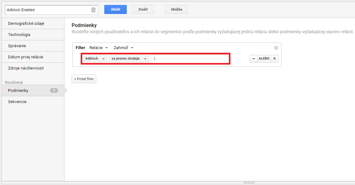 Ukážka vytvorenia segmentu v Google Analytics pre návštevy, ktoré mali zapnutý Adblock