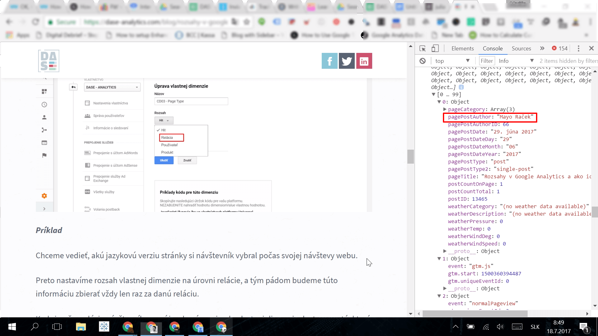 vlastné dimenzii - pagePostAuthor - variable in dataLayer, Console Google Chrome