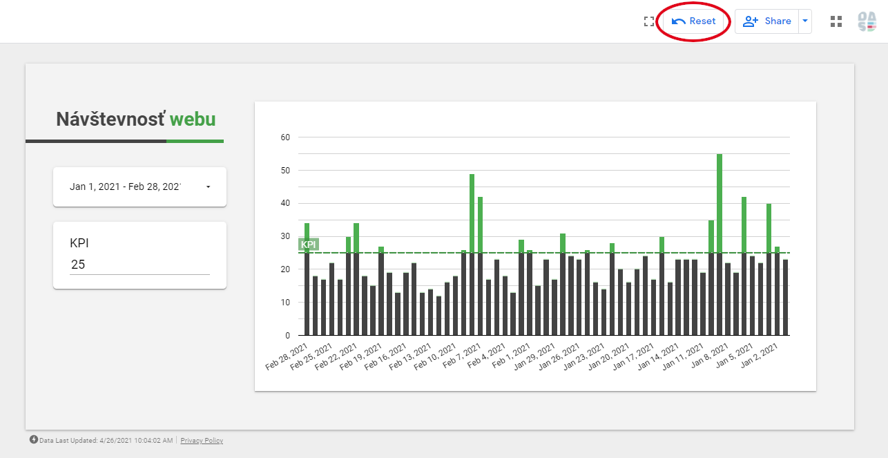 reset button data studio