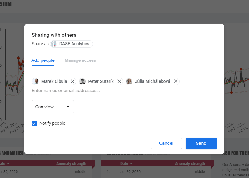 novinky data studio dashboar share settings